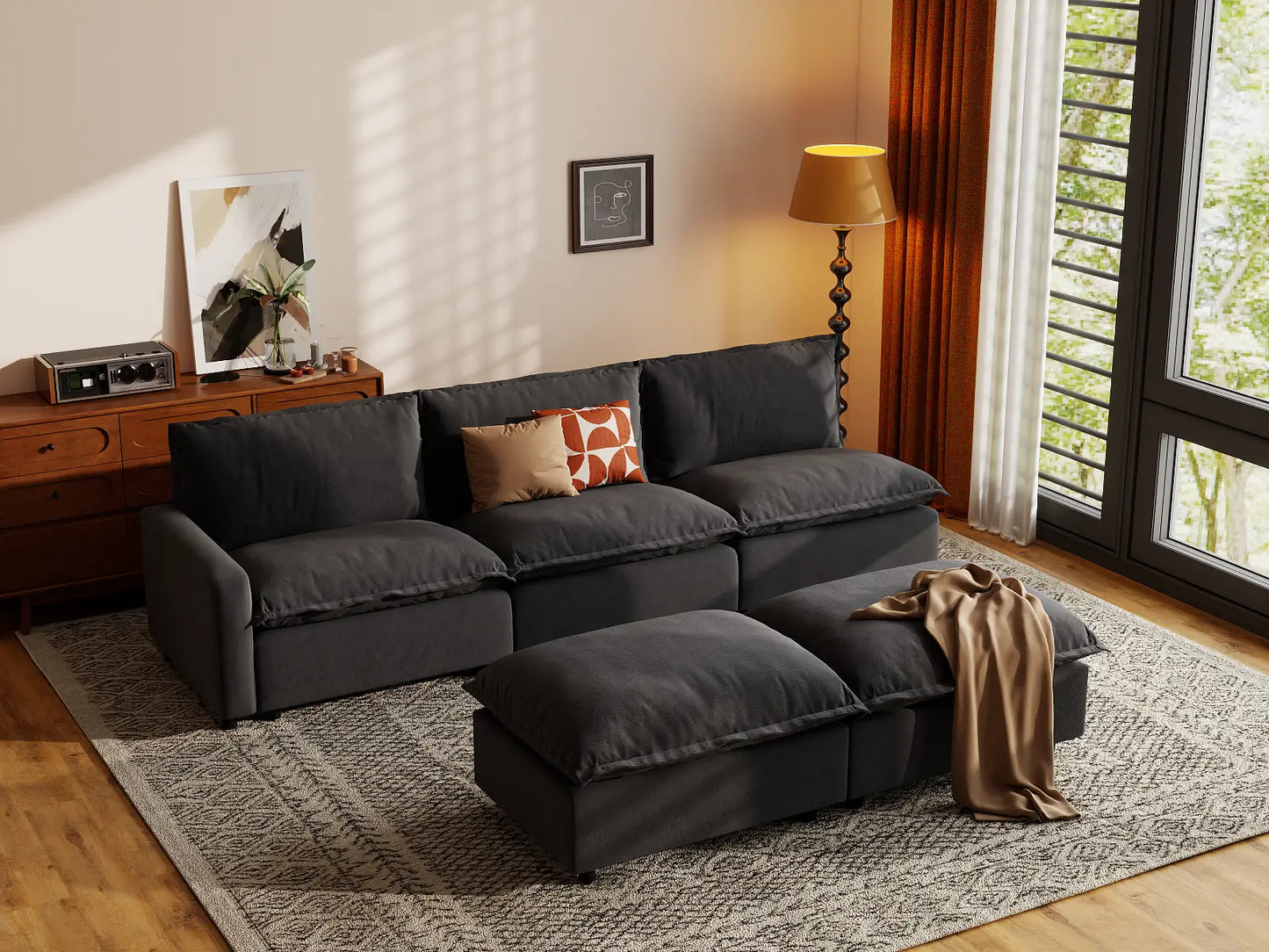 Modular Cero Modular Sectionals | 5-Piece Grey Linen Open Plan Sofa Sets 3-Seater with 2-Ottomans