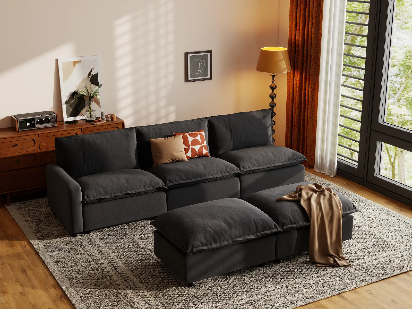 Modular Cero Modular Sectional with Chaise | 5-Piece Grey Linen Open Plan Sofa Sets 3-Seater with 2-Ottomans