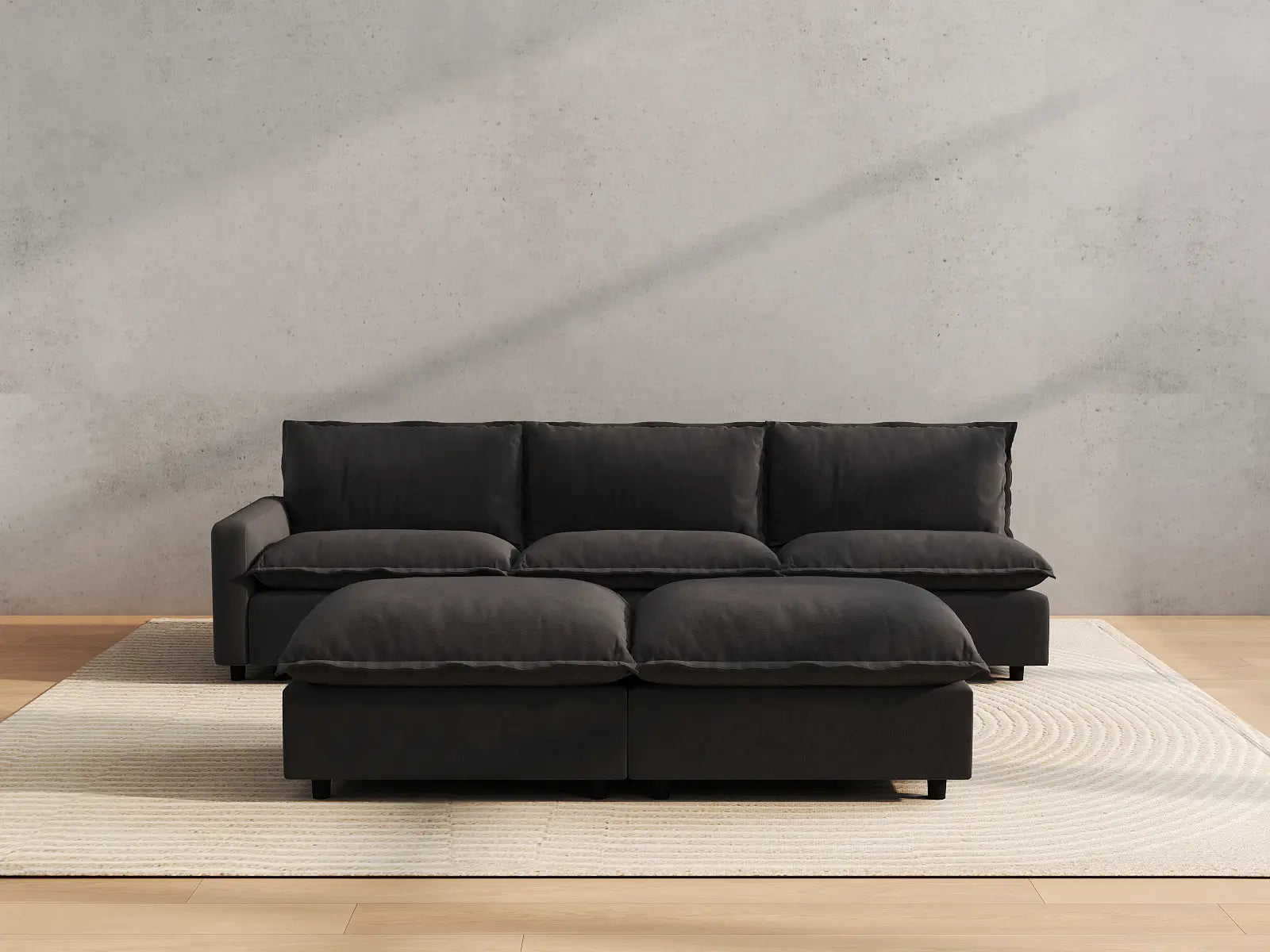 Modular Cero Modular Sectional with Chaise | 5-Piece Grey Linen Open Plan Sofa Sets 3-Seater with 2-Ottomans