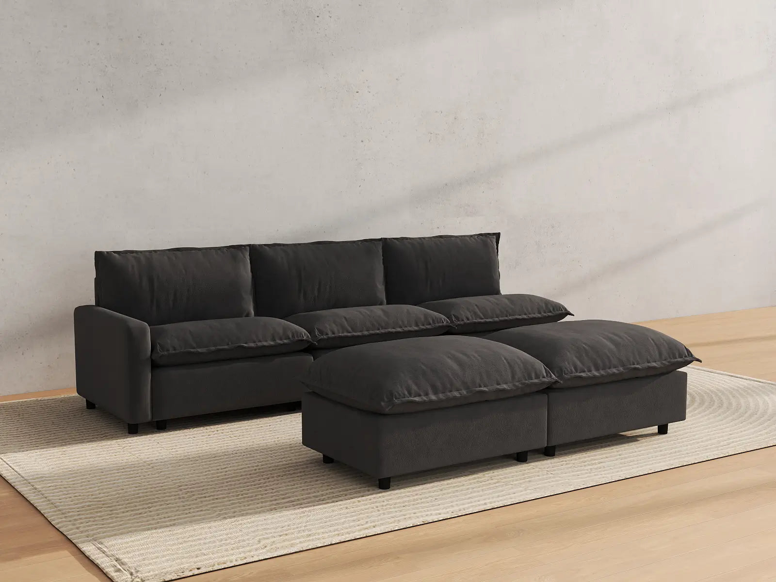 Modular Cero Modular Sectional with Chaise | 5-Piece Grey Linen Open Plan Sofa Sets 3-Seater with 2-Ottomans