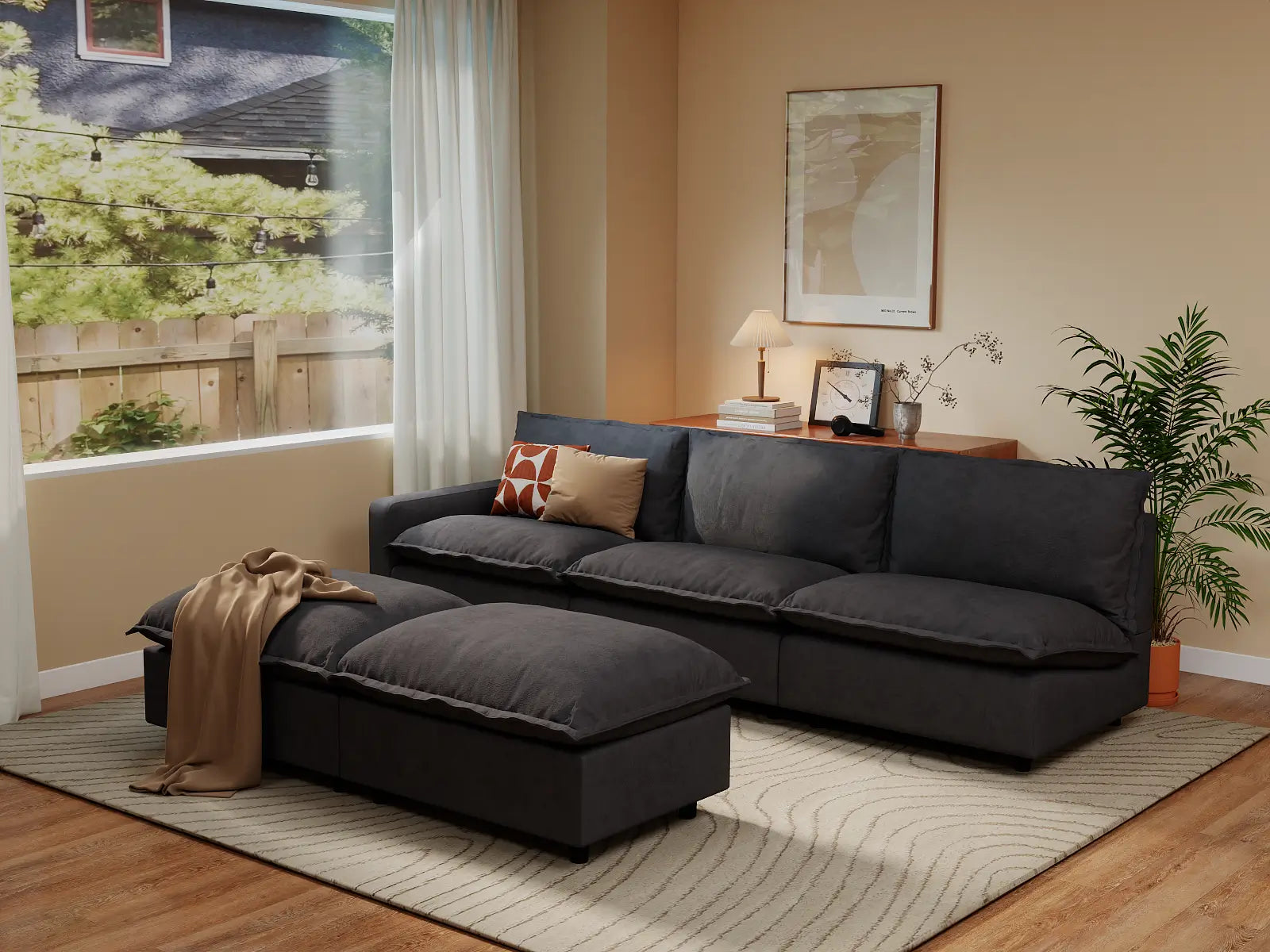 Modular Cero Modular Sectional with Chaise | 5-Piece Grey Linen Open Plan Sofa Sets 3-Seater with 2-Ottomans