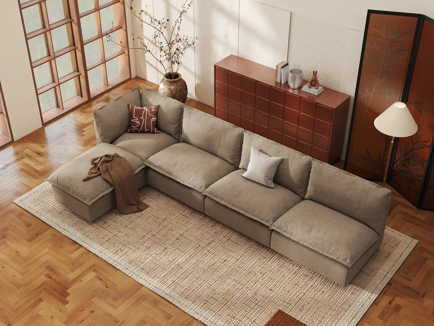 Modular Cero Modular Sectionals | 5-Piece Khaki Linen Home Living L-Shaped Sectionals 4-Seater with 1-Ottoman