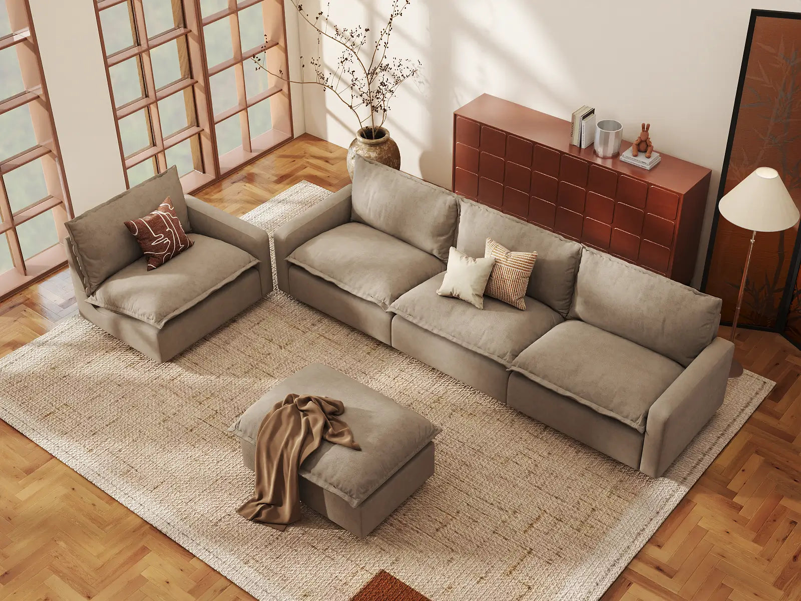 Modular Cero Modular Chaise Sectional | 5-Piece Khaki Linen Large Space Sofa Sets 4-Seater with 1-Ottoman