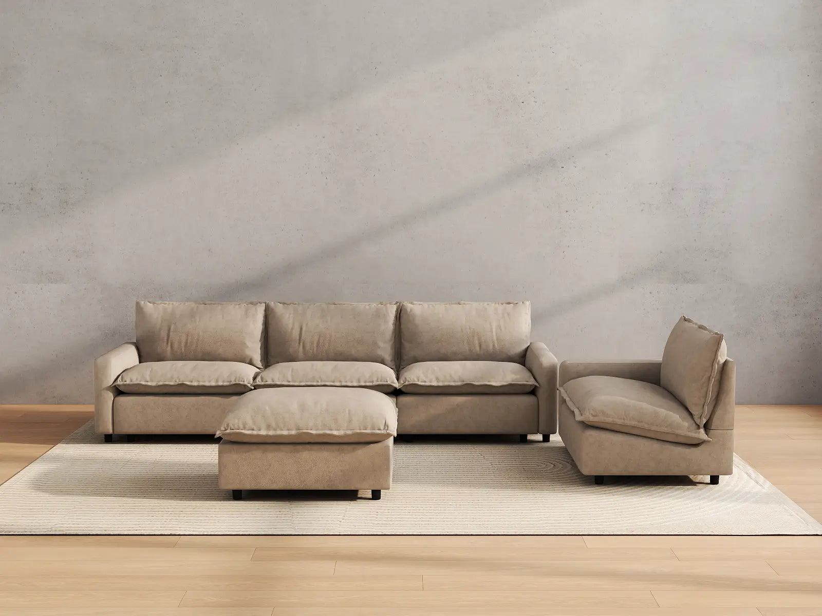 Modular Cero Modular Chaise Sectional | 5-Piece Khaki Linen Large Space Sofa Sets 4-Seater with 1-Ottoman