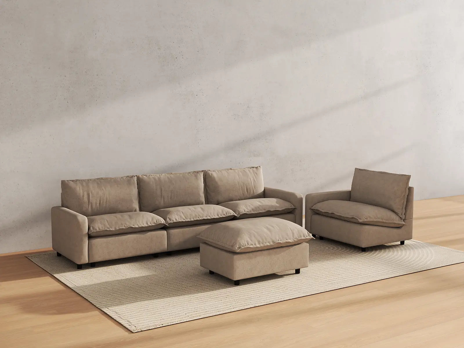 Modular Cero Modular Chaise Sectional | 5-Piece Khaki Linen Large Space Sofa Sets 4-Seater with 1-Ottoman
