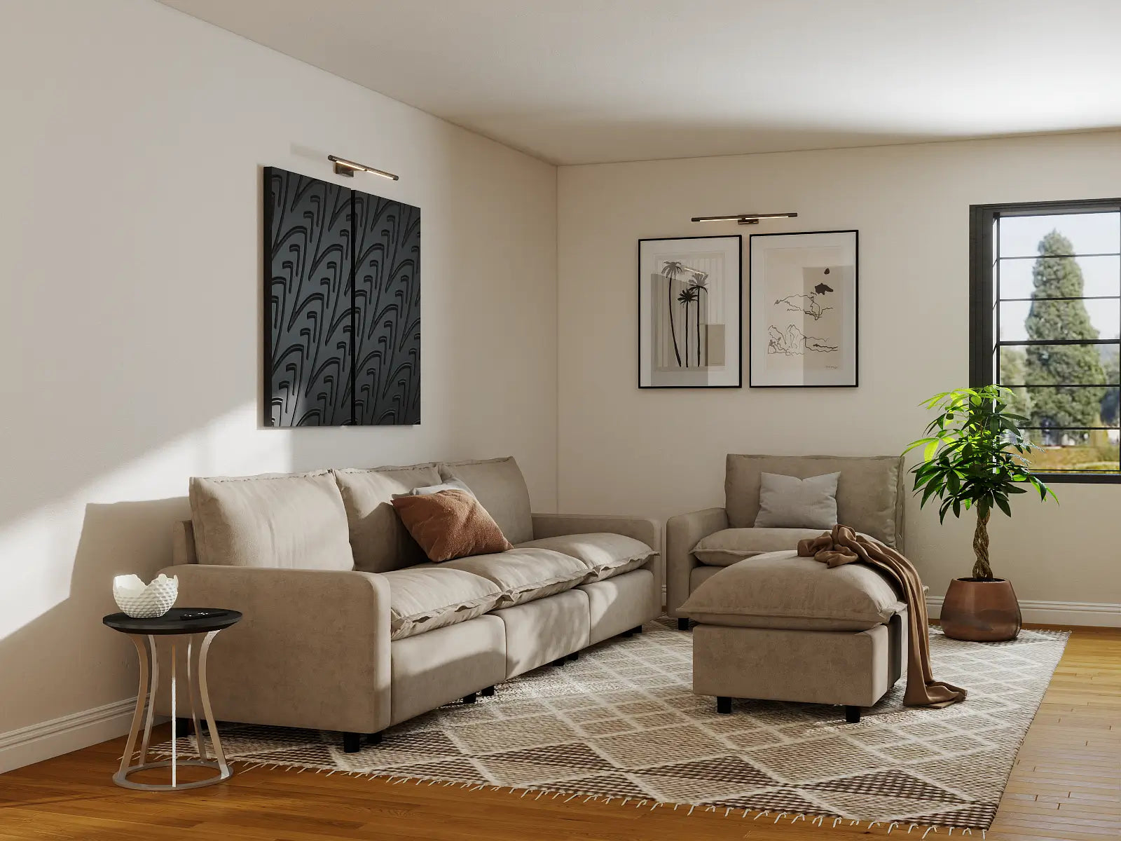 Modular Cero Modular Chaise Sectional | 5-Piece Khaki Linen Large Space Sofa Sets 4-Seater with 1-Ottoman