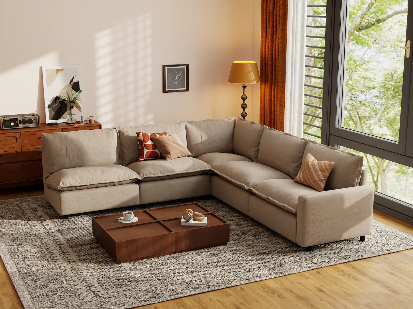 Modular Cero Modular Sectionals | 5-Piece Khaki Linen Large Space V-Shaped Sectionals 5-Seater