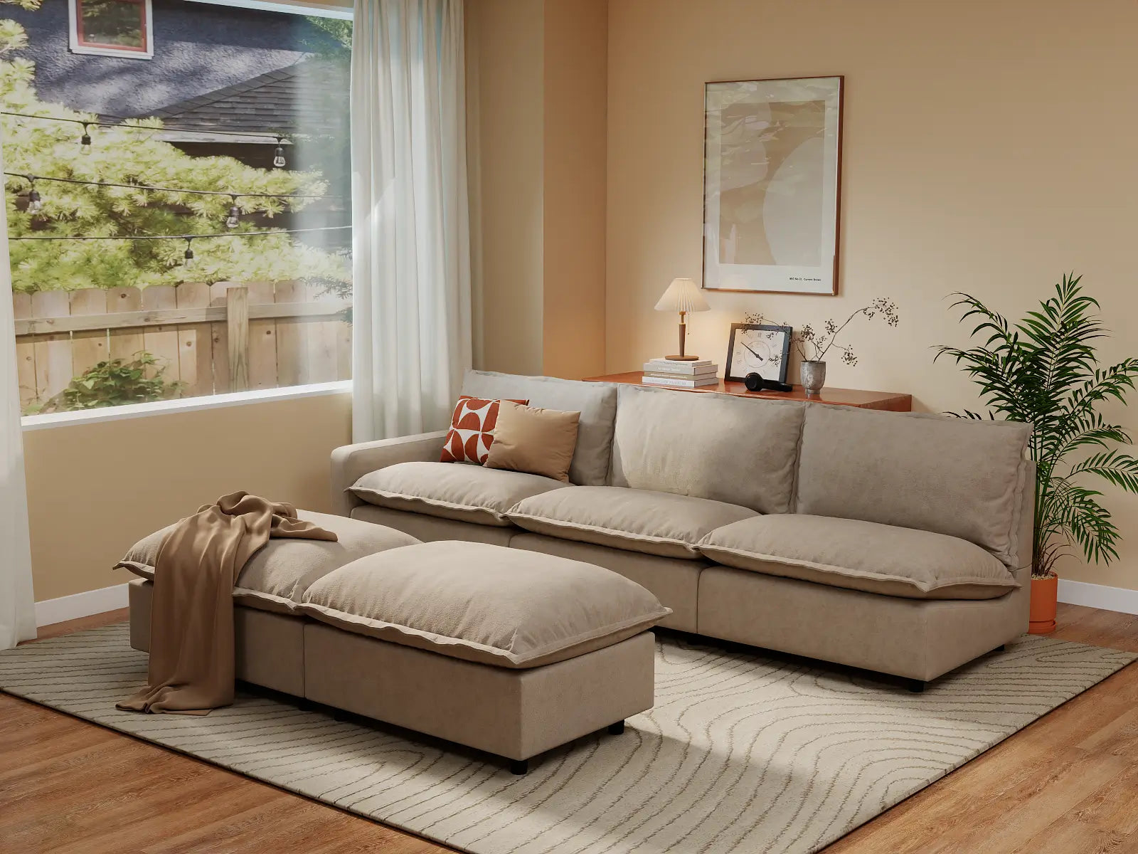 Modular Cero Modular Sofa Set | 5-Piece Khaki Linen Open Plan Sofa Sets 3-Seater with 2-Ottomans