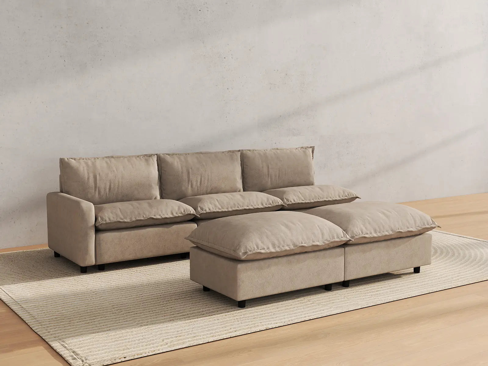 Modular Cero Modular Sofa Set | 5-Piece Khaki Linen Open Plan Sofa Sets 3-Seater with 2-Ottomans