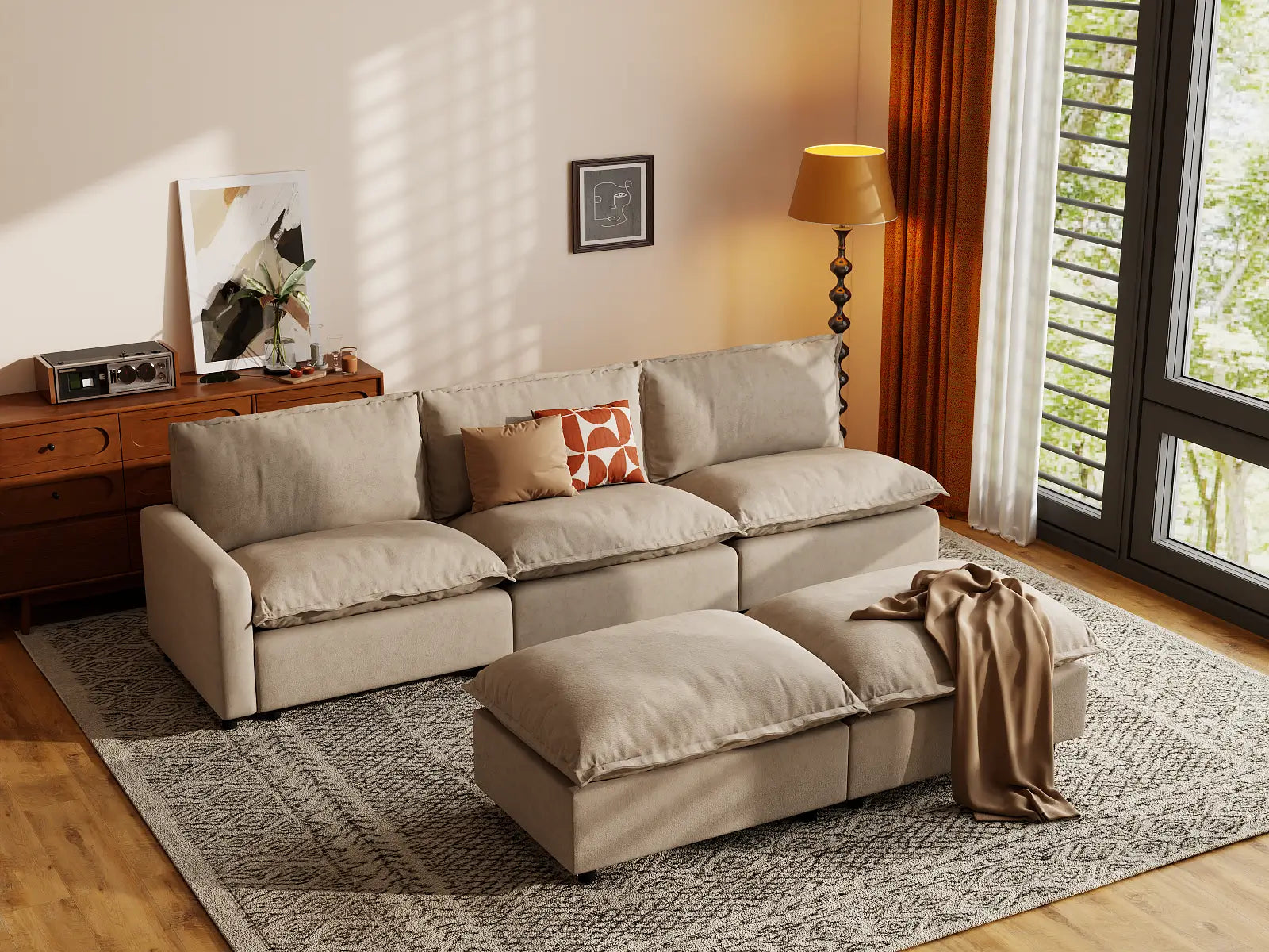 Modular Cero Modular Sofa Set | 5-Piece Khaki Linen Open Plan Sofa Sets 3-Seater with 2-Ottomans