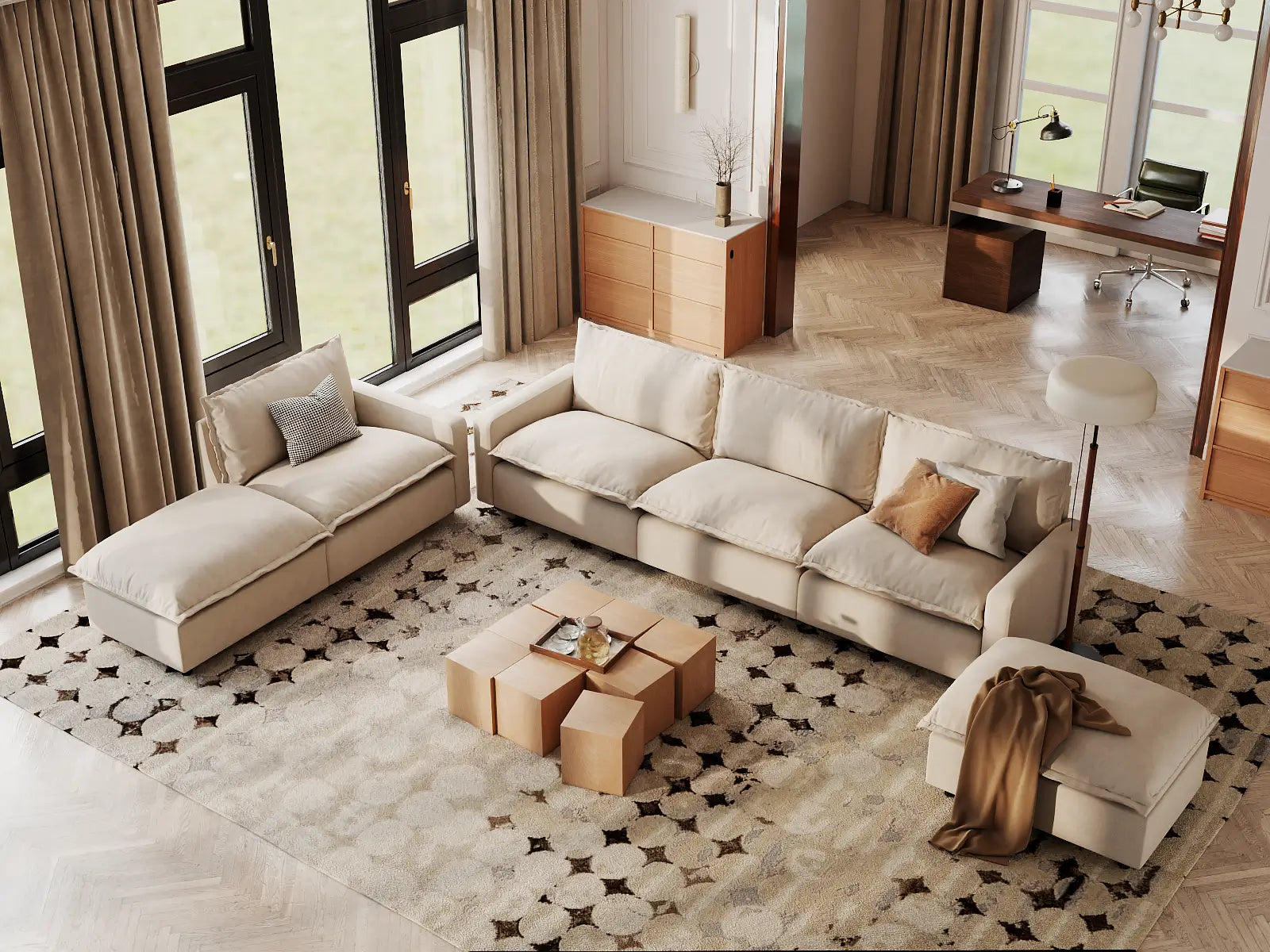 Modular Cero Modular Chaise Sectional | 6-Piece Beige Linen Home Living Corner Sectionals 4-Seater with 2-Ottomans