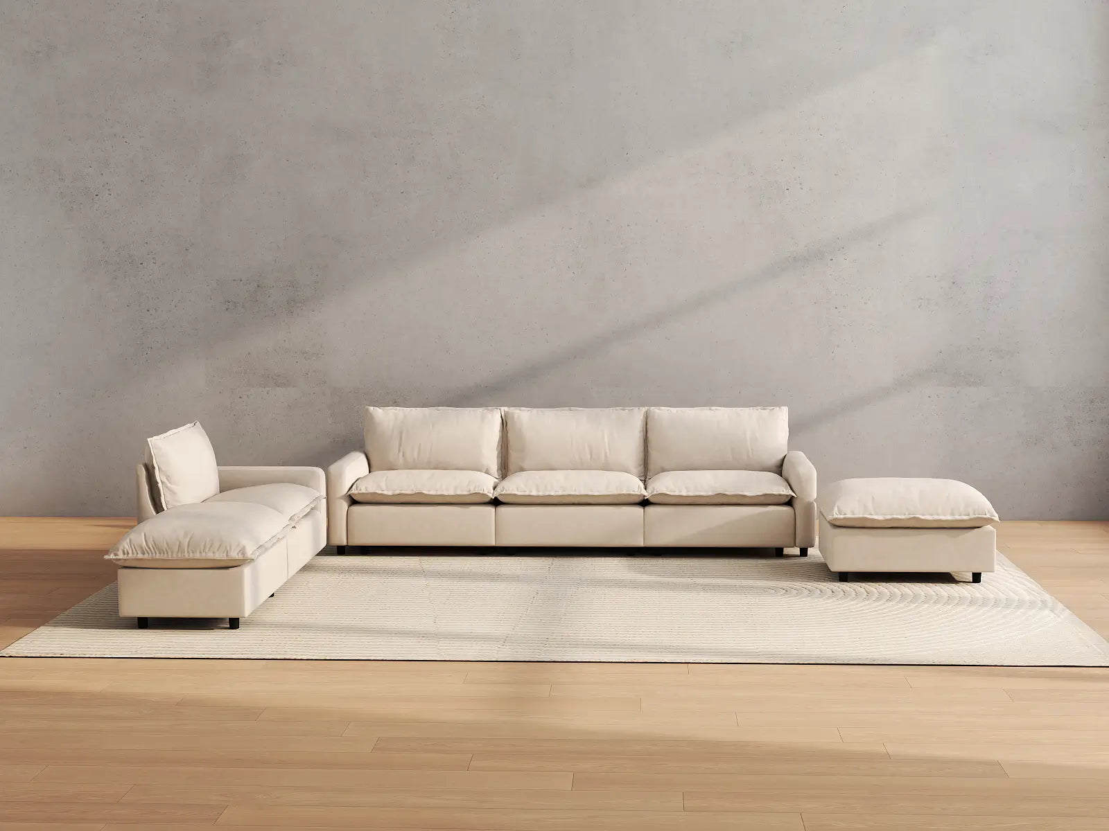 Modular Cero Modular Chaise Sectional | 6-Piece Beige Linen Home Living Corner Sectionals 4-Seater with 2-Ottomans