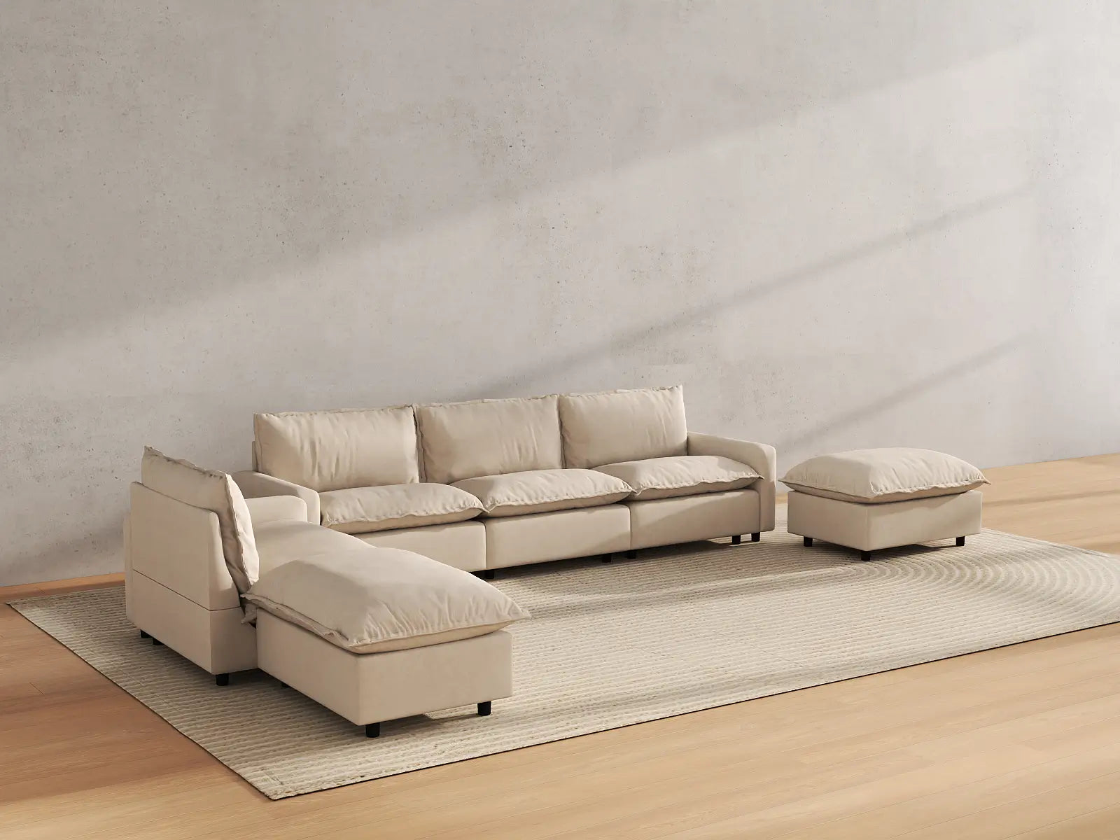 Modular Cero Modular Chaise Sectional | 6-Piece Beige Linen Home Living Corner Sectionals 4-Seater with 2-Ottomans