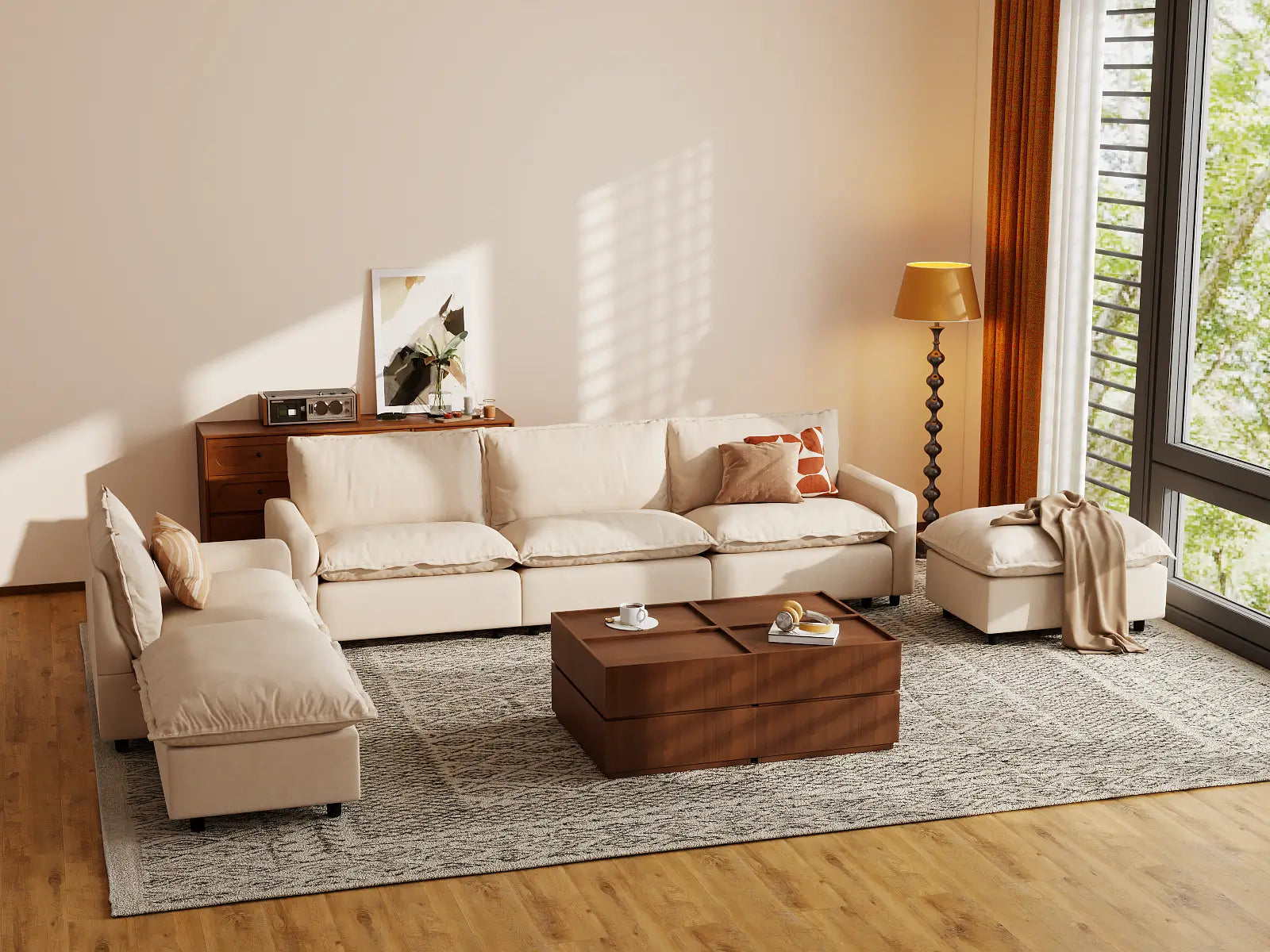 Modular Cero Modular Chaise Sectional | 6-Piece Beige Linen Home Living Corner Sectionals 4-Seater with 2-Ottomans