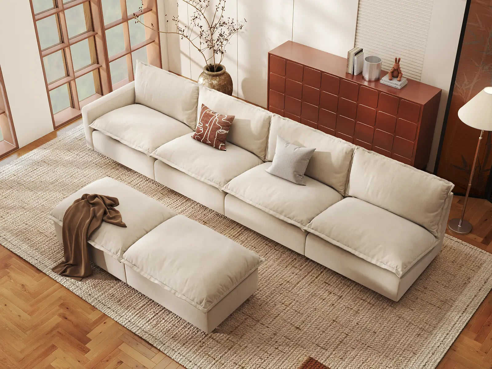 Modular Cero Modular Sofa Set | 6-Piece Beige Linen Large Space Sofa Sets 4-Seater with 2-Ottomans