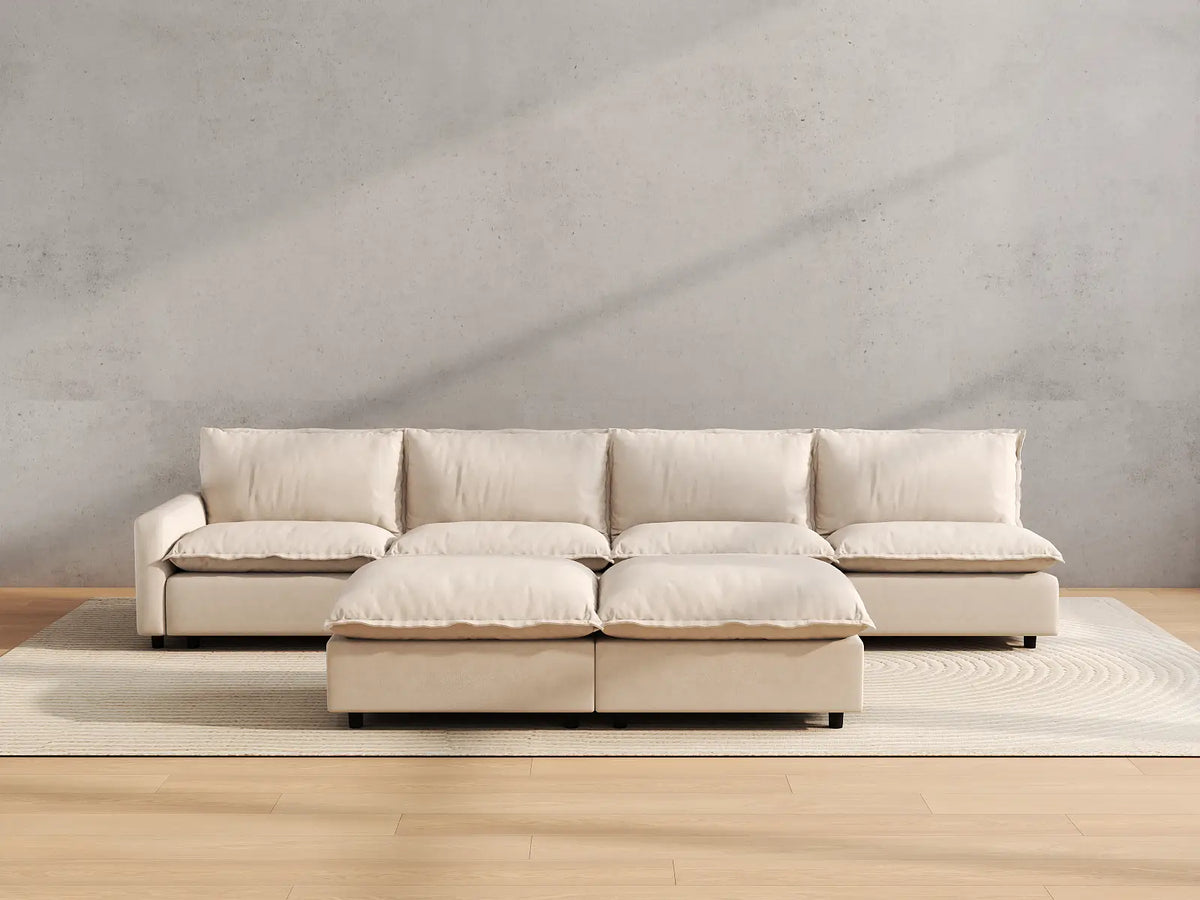Modular Cero Modular Sectionals | 6-Piece Beige Linen Large Space Sofa Sets 4-Seater with 2-Ottomans