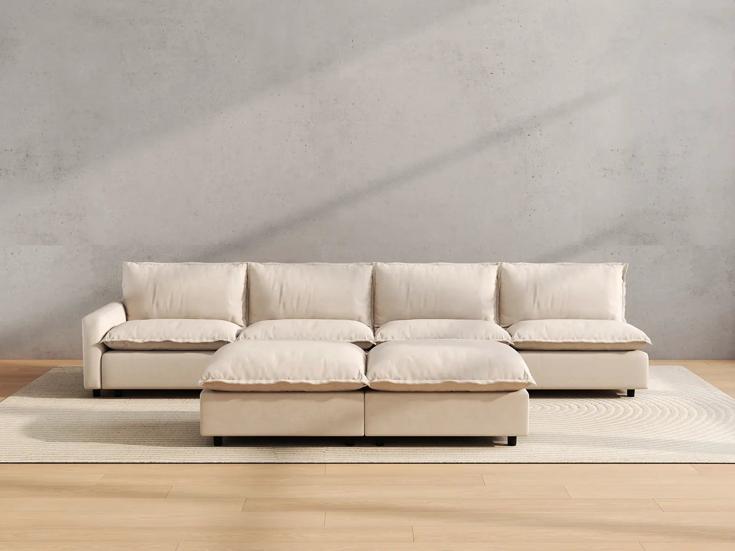 Modular Cero Modular Sectionals | 6-Piece Beige Linen Large Space Sofa Sets 4-Seater with 2-Ottomans