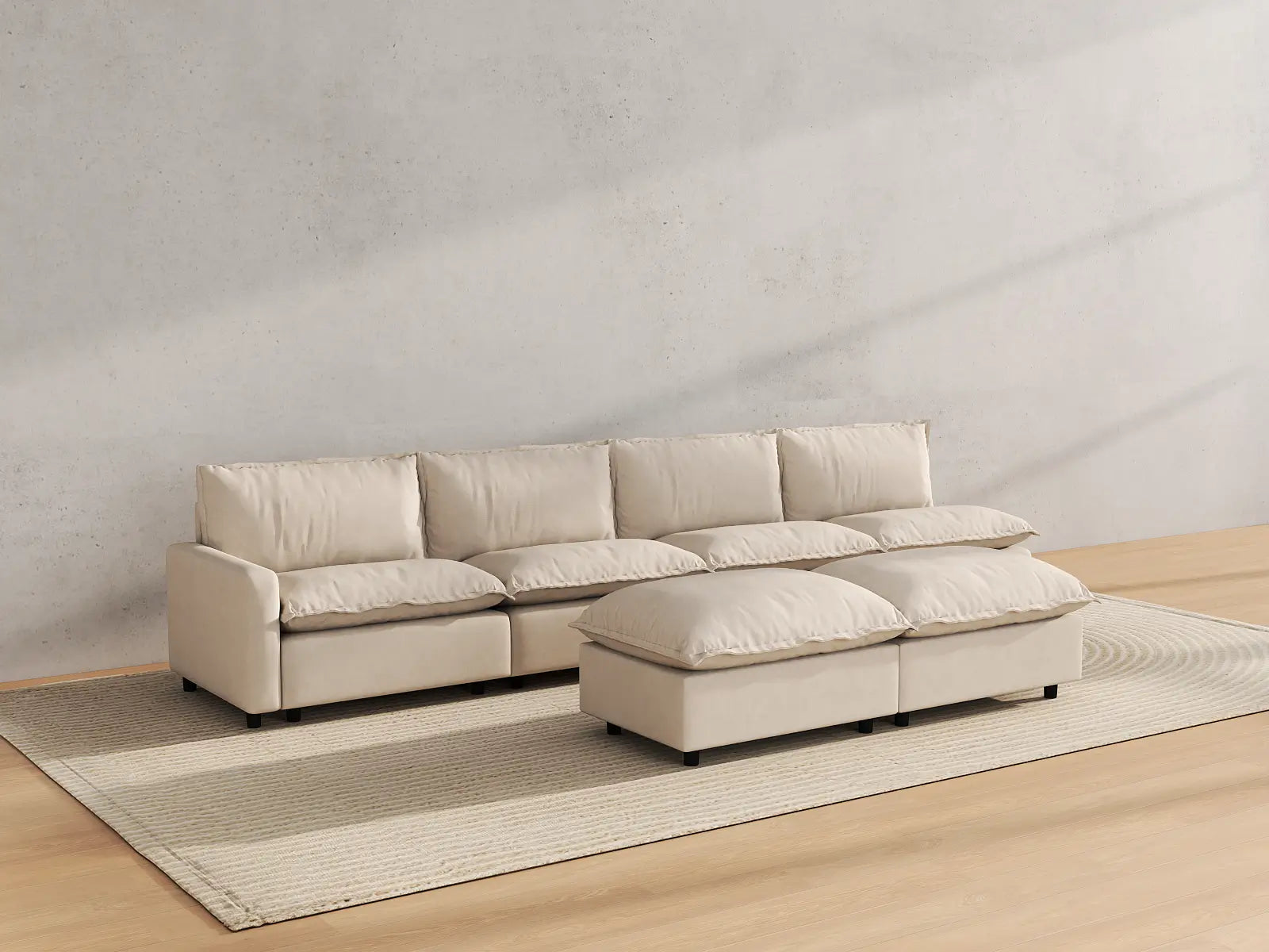 Modular Cero Modular Sofa Set | 6-Piece Beige Linen Large Space Sofa Sets 4-Seater with 2-Ottomans