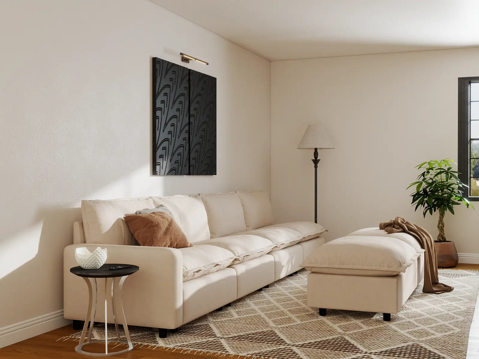 Modular Cero Modular Sofa Set | 6-Piece Beige Linen Large Space Sofa Sets 4-Seater with 2-Ottomans