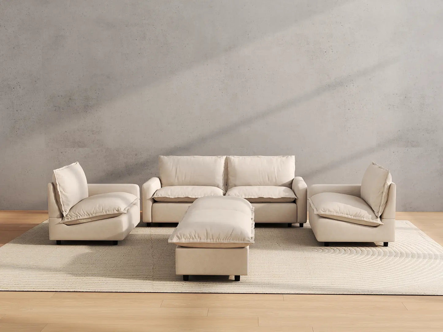 Modular Cero Modular Sectionals | 6-Piece Beige Linen Large Space U-Shaped Sectionals 4-Seater with 2-Ottomans