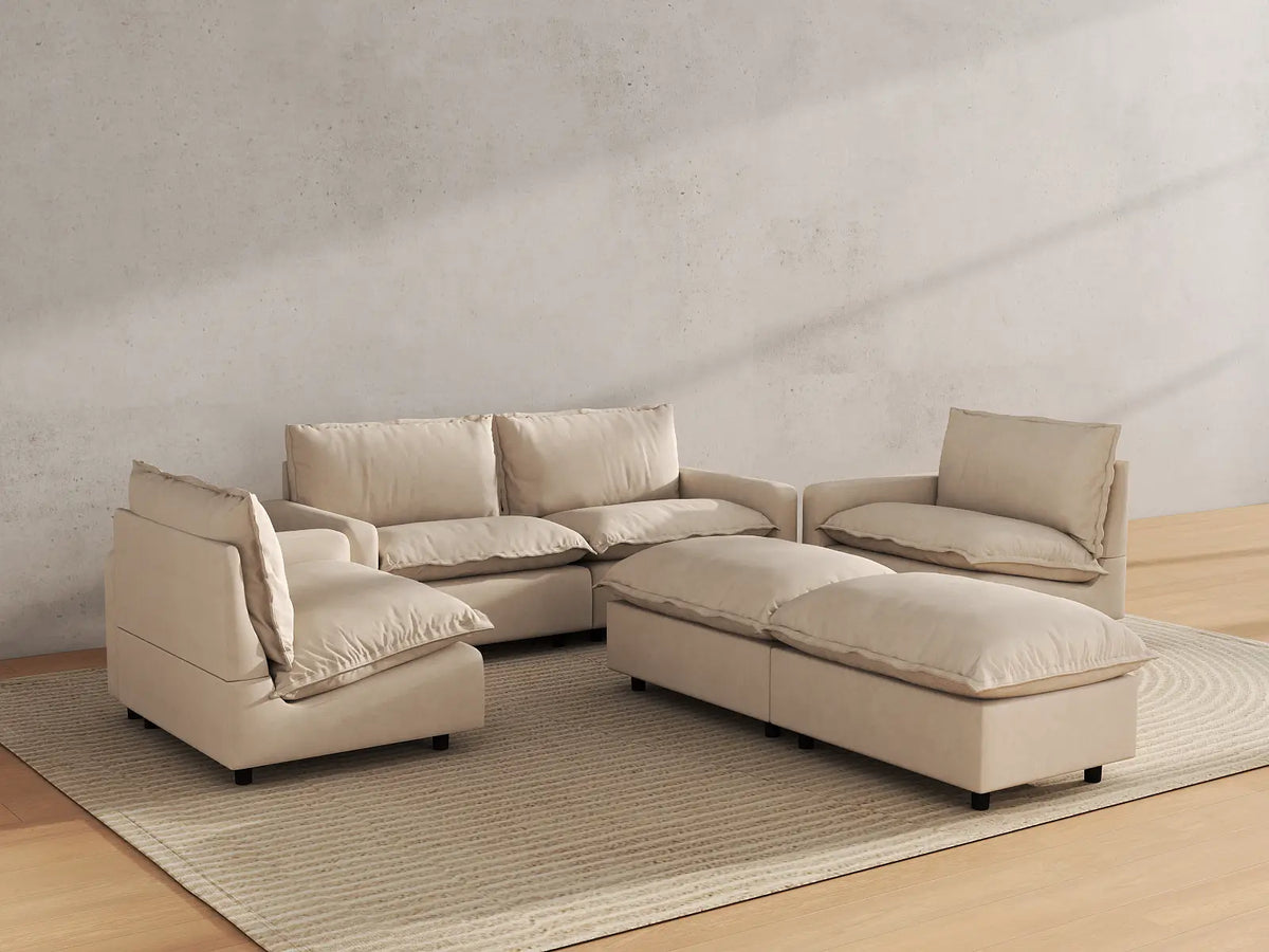 Modular Cero Modular Sectionals | 6-Piece Beige Linen Large Space U-Shaped Sectionals 4-Seater with 2-Ottomans