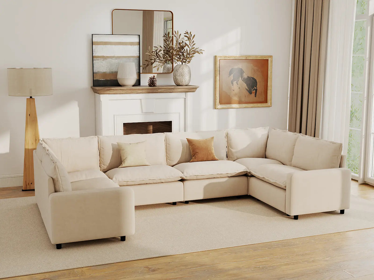 Modular Cero Modular Sectionals | 6-Piece Beige Linen Large Space U-Shaped Sectionals 6-Seater