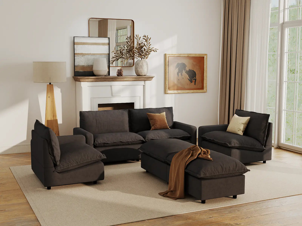 Modular Cero Modular Sectionals | 6-Piece Grey Linen Grand Estate U-Shaped Sectionals 4-Seater with 2-Ottomans