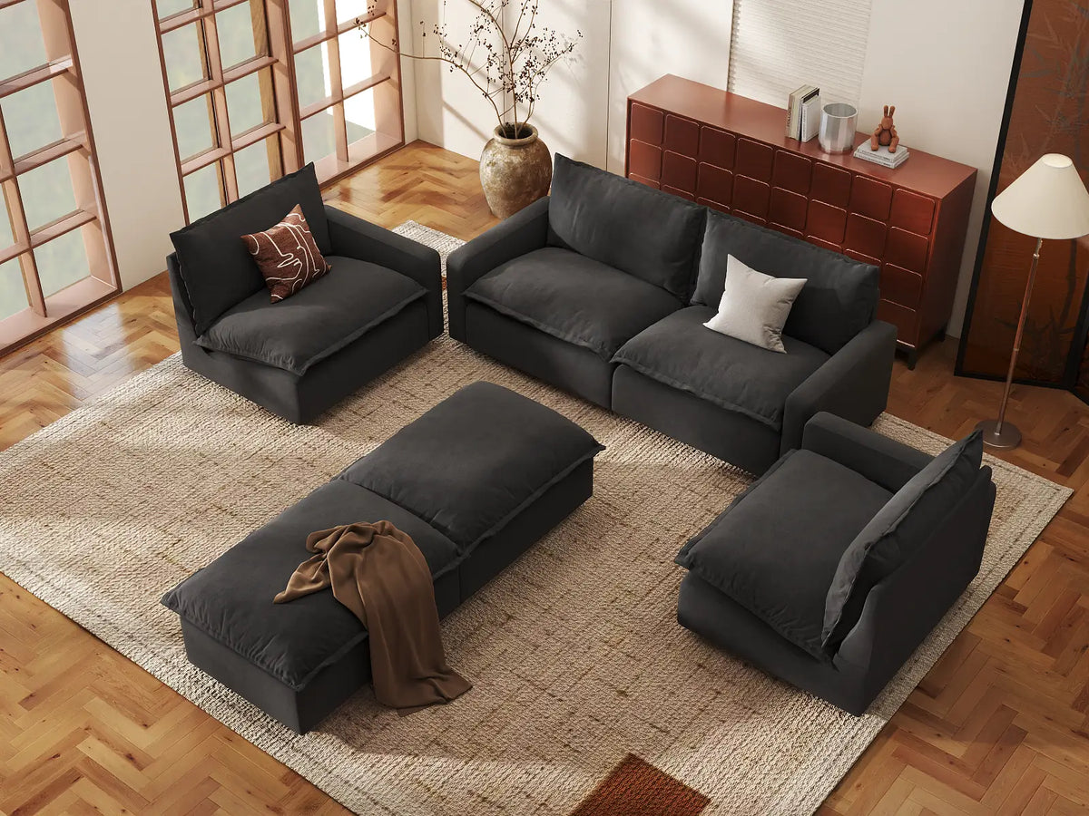 Modular Cero Modular Sectionals | 6-Piece Grey Linen Grand Estate U-Shaped Sectionals 4-Seater with 2-Ottomans