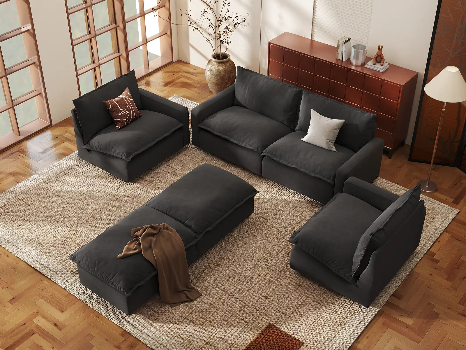 Modular Cero Sectional Modular Couch | 6-Piece Grey Linen Grand Estate U-Shaped Sectionals 4-Seater with 2-Ottomans