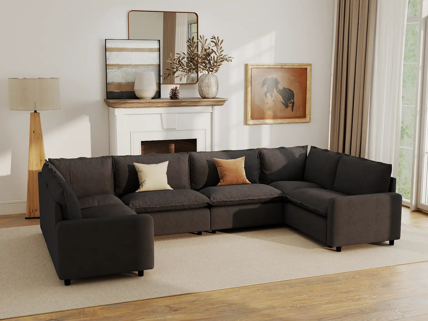 Modular Cero Modular Sectionals | 6-Piece Grey Linen Grand Estate U-Shaped Sectionals 6-Seater