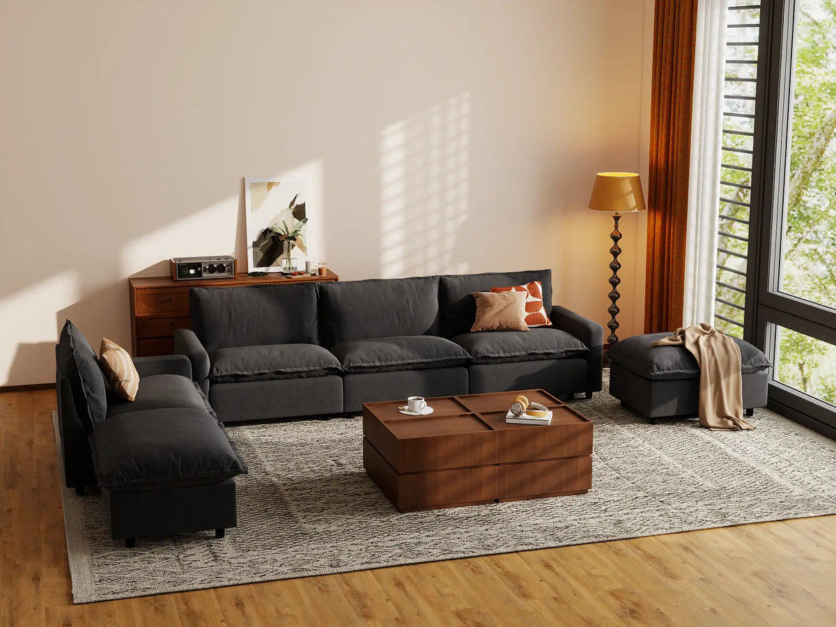 Modular Cero Modular Sectionals | 6-Piece Grey Linen Home Living Corner Sectionals 4-Seater with 2-Ottomans