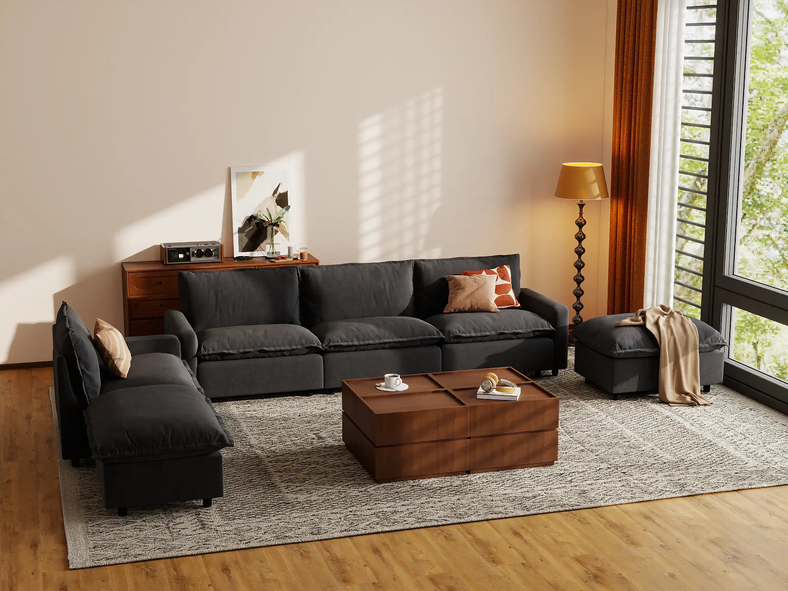 Modular Cero Cloud Modular Sectional | 6-Piece Grey Linen Home Living Corner Sectionals 4-Seater with 2-Ottomans