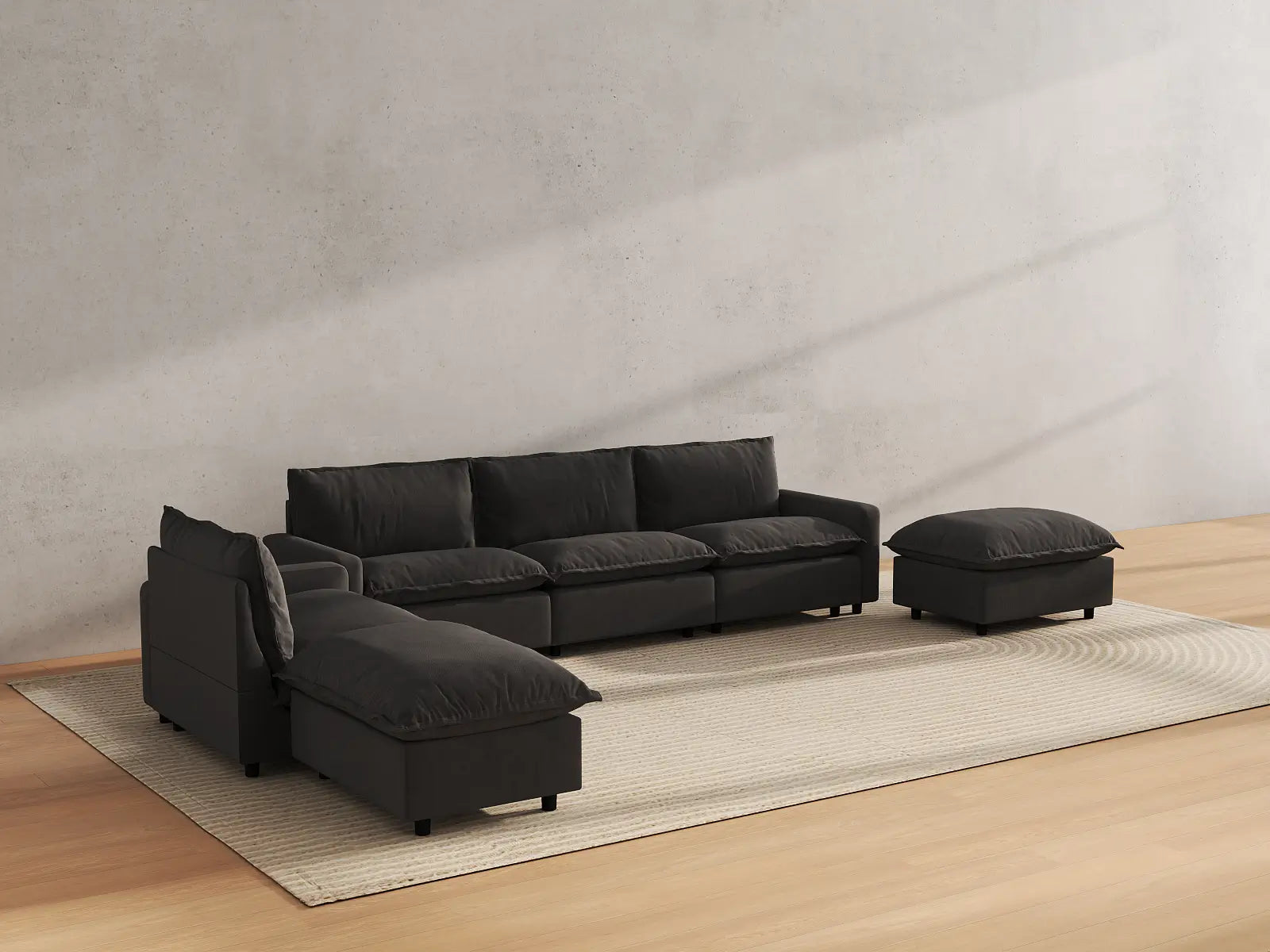 Modular Cero Cloud Modular Sectional | 6-Piece Grey Linen Home Living Corner Sectionals 4-Seater with 2-Ottomans