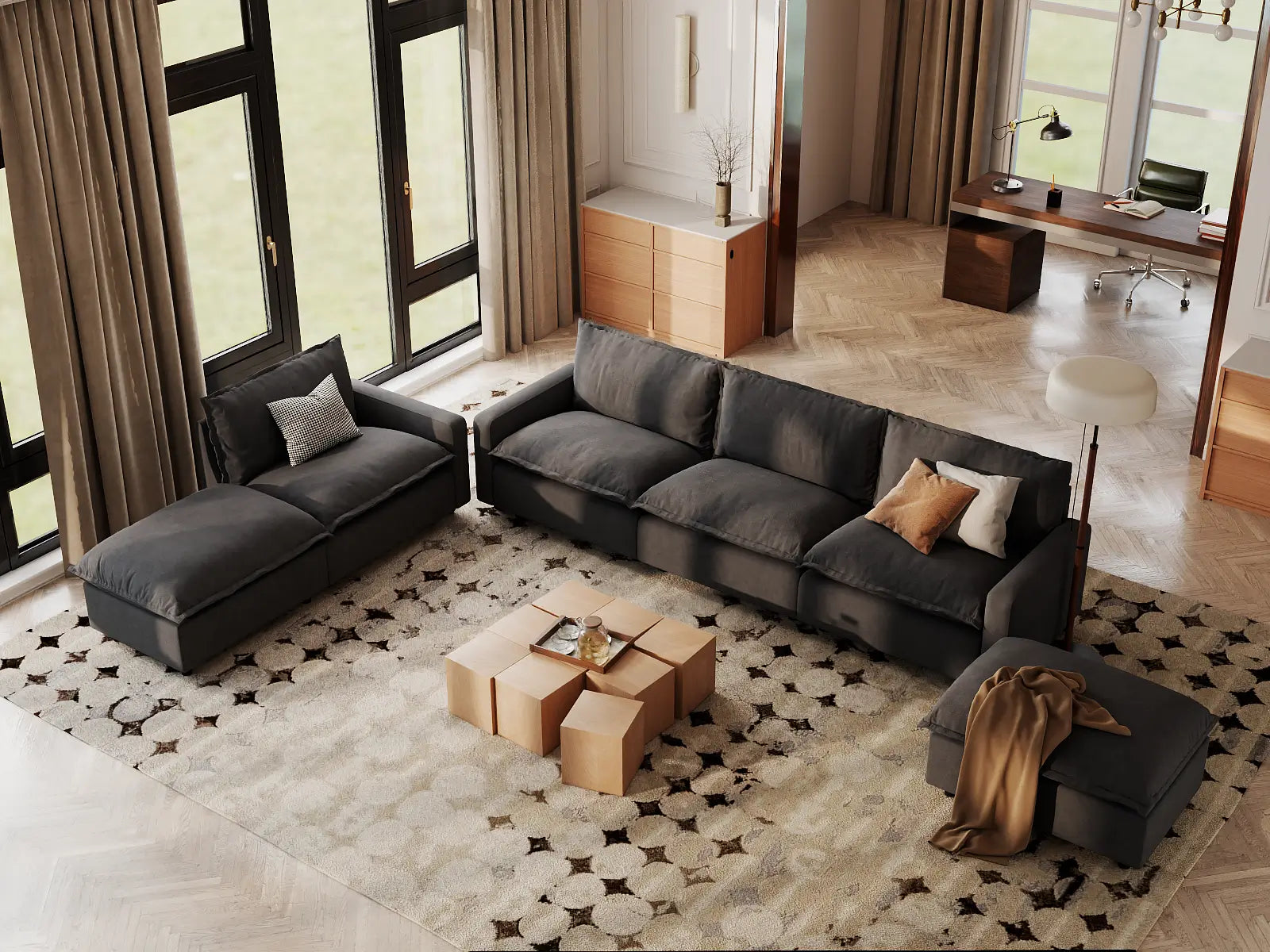 Modular Cero Cloud Modular Sectional | 6-Piece Grey Linen Home Living Corner Sectionals 4-Seater with 2-Ottomans