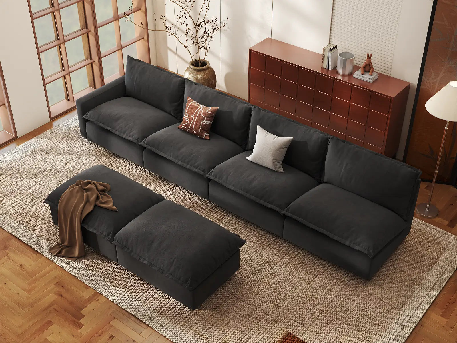 Modular Cero Modular Chaise Sectional | 6-Piece Grey Linen Open Plan Sofa Sets 4-Seater with 2-Ottomans