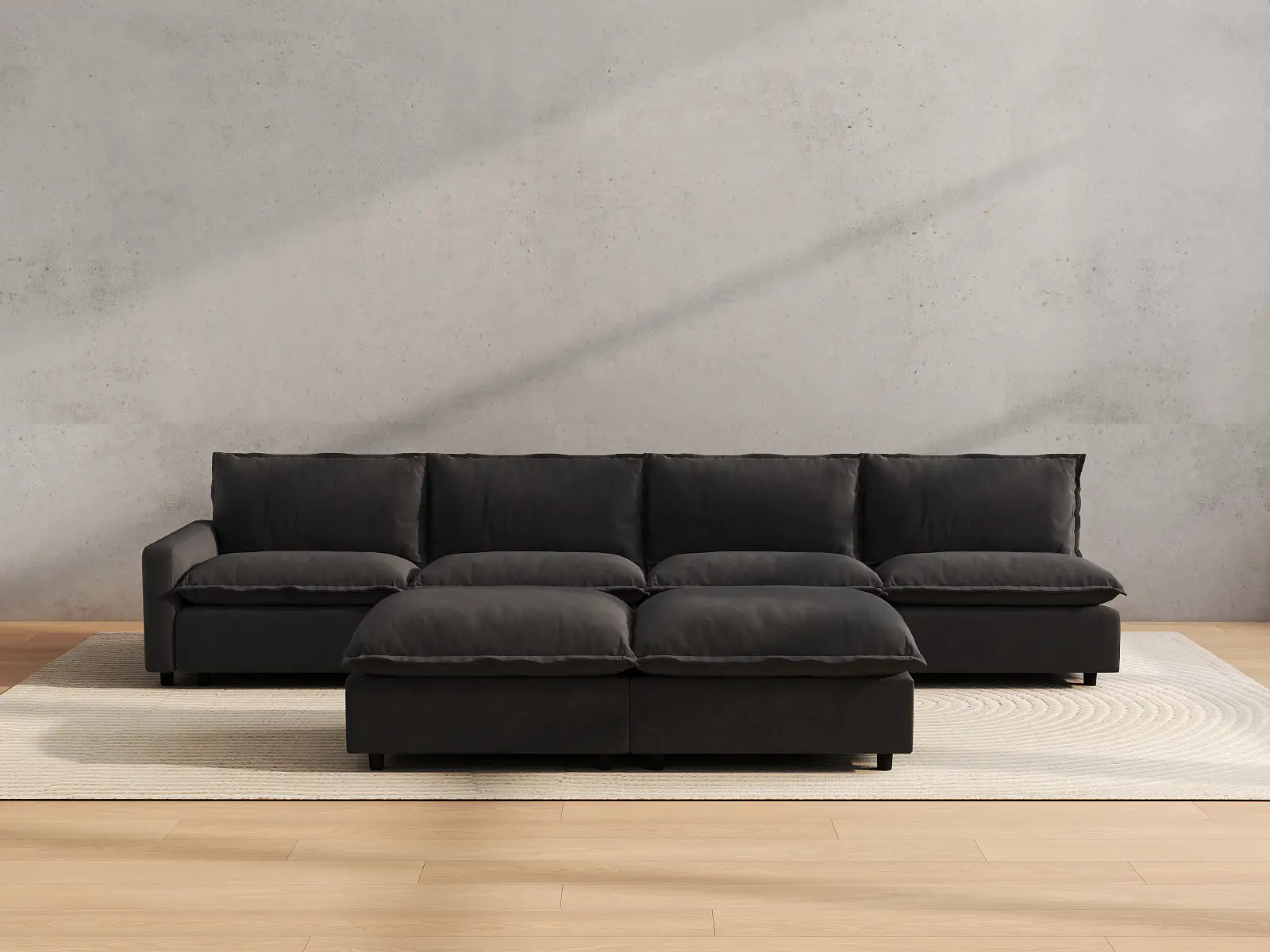 Modular Cero Modular Chaise Sectional | 6-Piece Grey Linen Open Plan Sofa Sets 4-Seater with 2-Ottomans