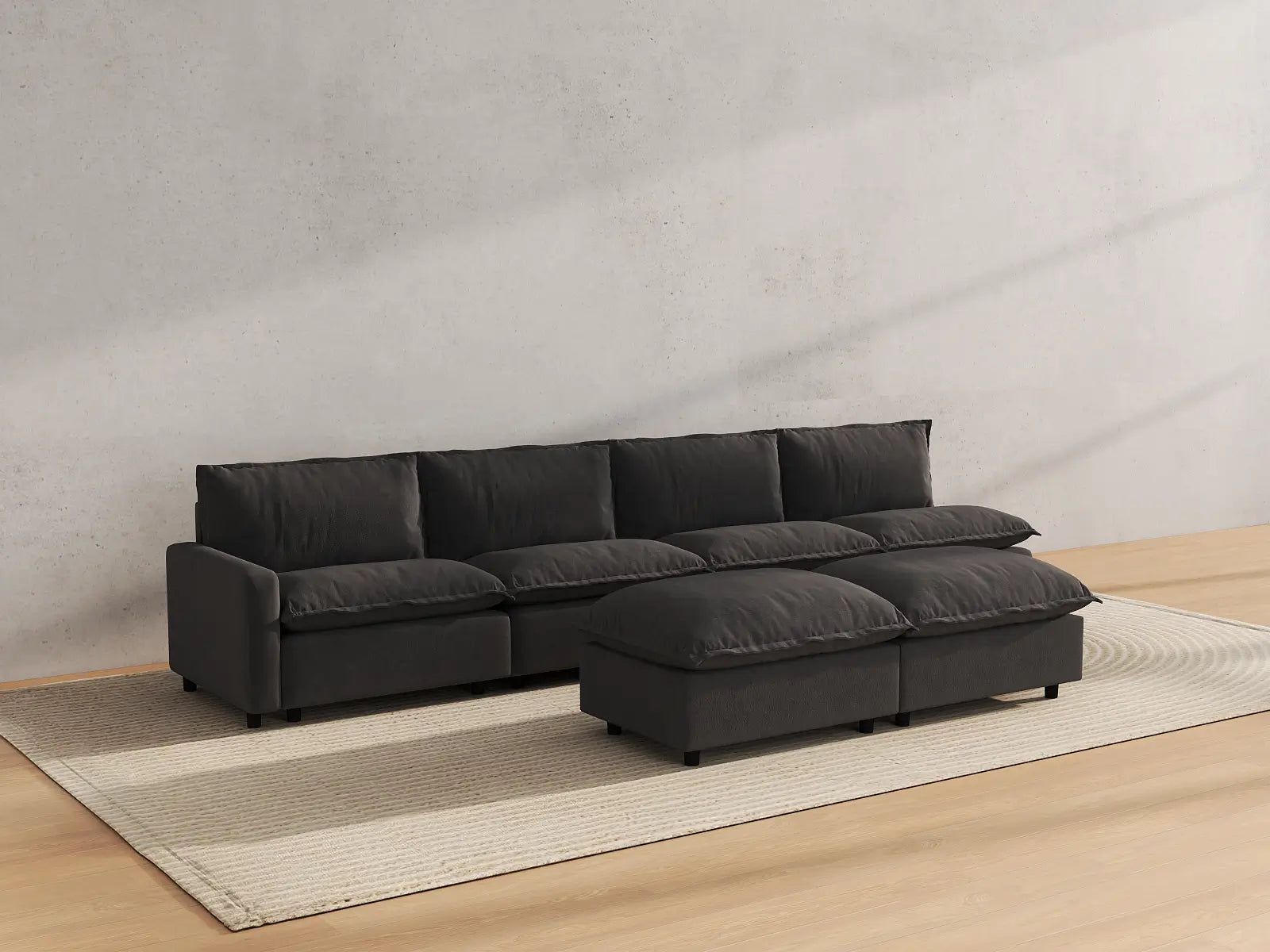 Modular Cero Modular Chaise Sectional | 6-Piece Grey Linen Open Plan Sofa Sets 4-Seater with 2-Ottomans