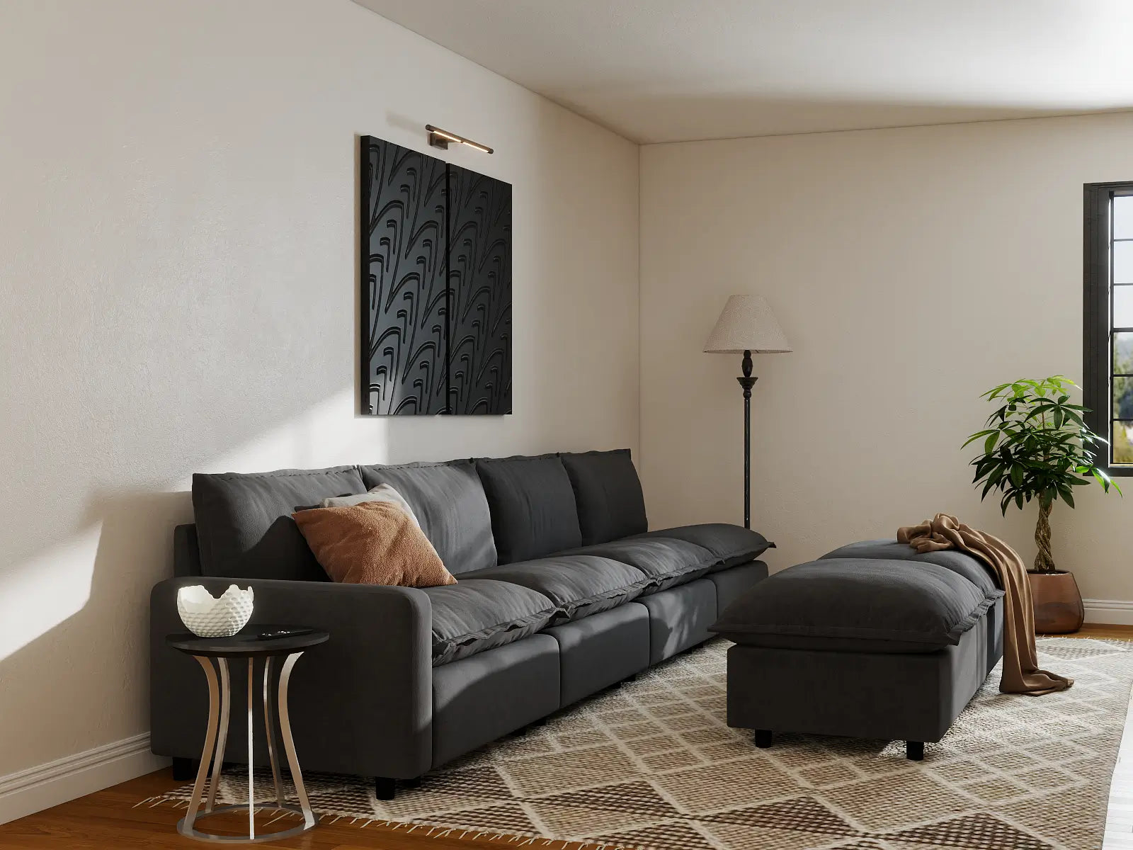 Modular Cero Modular Chaise Sectional | 6-Piece Grey Linen Open Plan Sofa Sets 4-Seater with 2-Ottomans