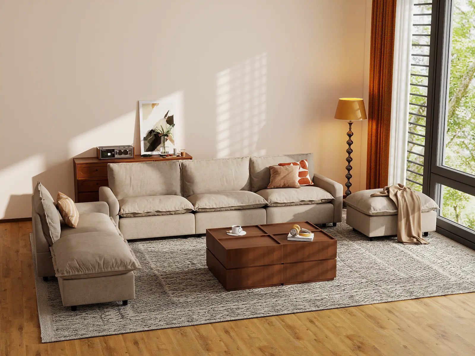 Modular Cero Modular Sofa Set | 6-Piece Khaki Linen Home Living Corner Sectionals 4-Seater with 2-Ottomans