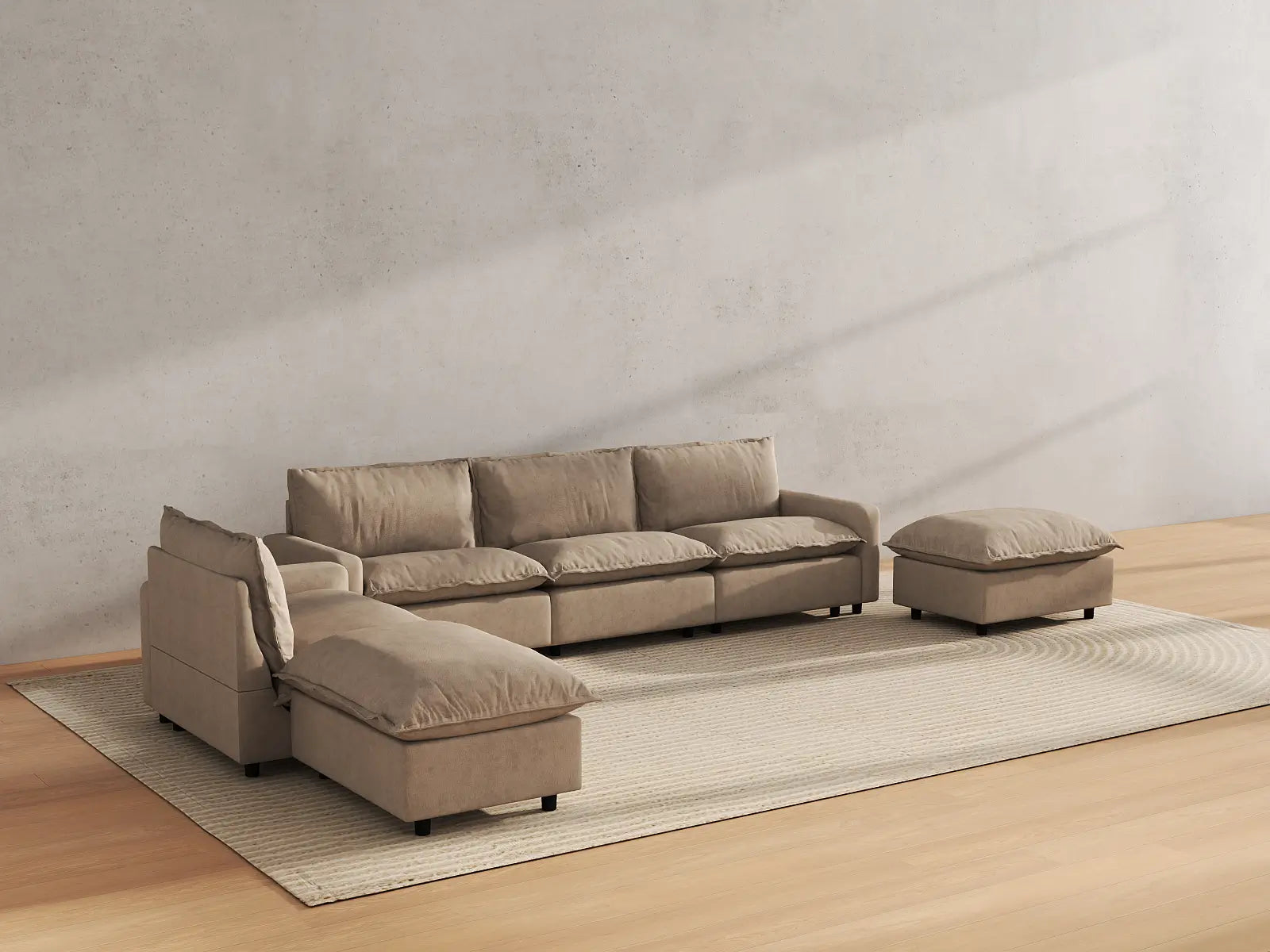 Modular Cero Modular Sofa Set | 6-Piece Khaki Linen Home Living Corner Sectionals 4-Seater with 2-Ottomans