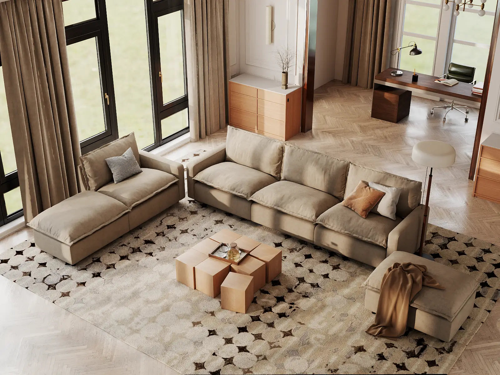 Modular Cero Modular Sofa Set | 6-Piece Khaki Linen Home Living Corner Sectionals 4-Seater with 2-Ottomans