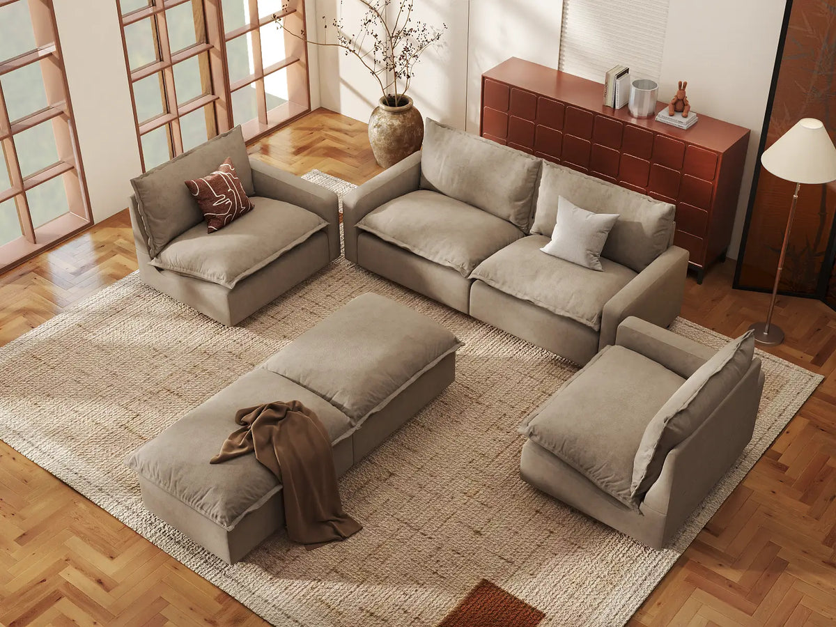 Modular Cero Modular Sectionals | 6-Piece Khaki Linen Large Space U-Shaped Sectionals 4-Seater with 2-Ottomans