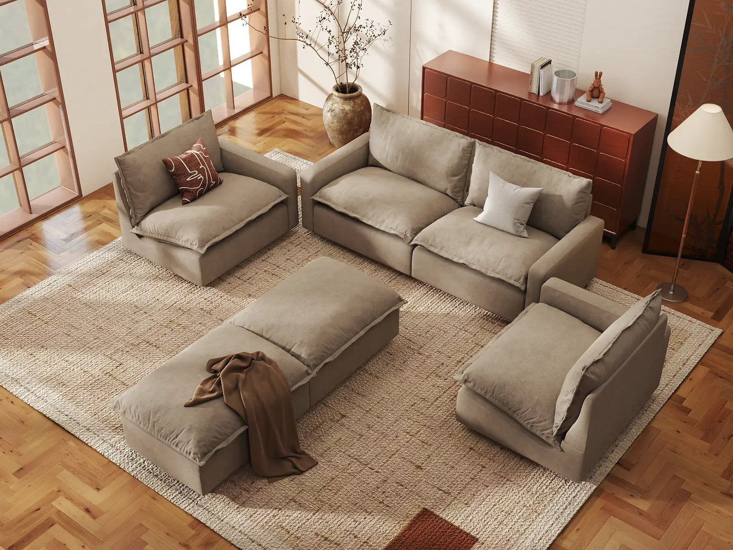 Modular Cero Modular Sectionals | 6-Piece Khaki Linen Large Space U-Shaped Sectionals 4-Seater with 2-Ottomans