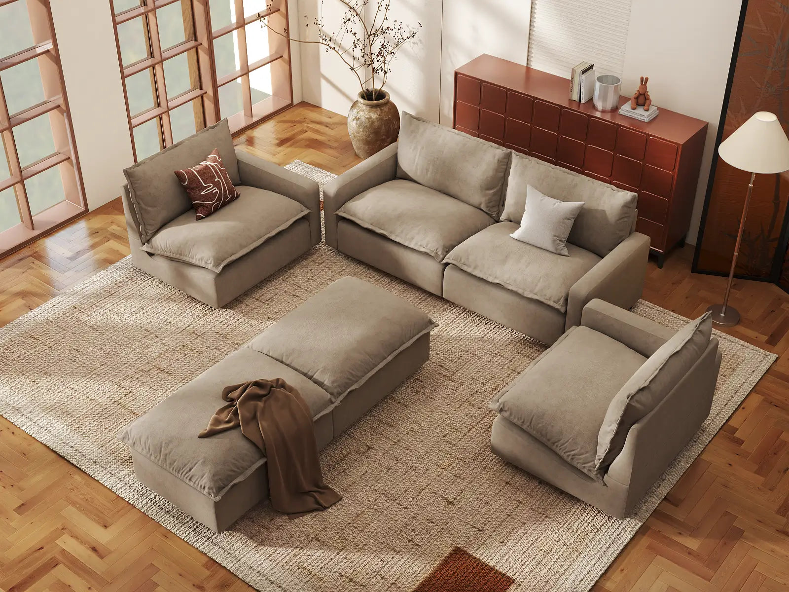Modular Cero Cloud Modular Sectional | 6-Piece Khaki Linen Large Space U-Shaped Sectionals 4-Seater with 2-Ottomans