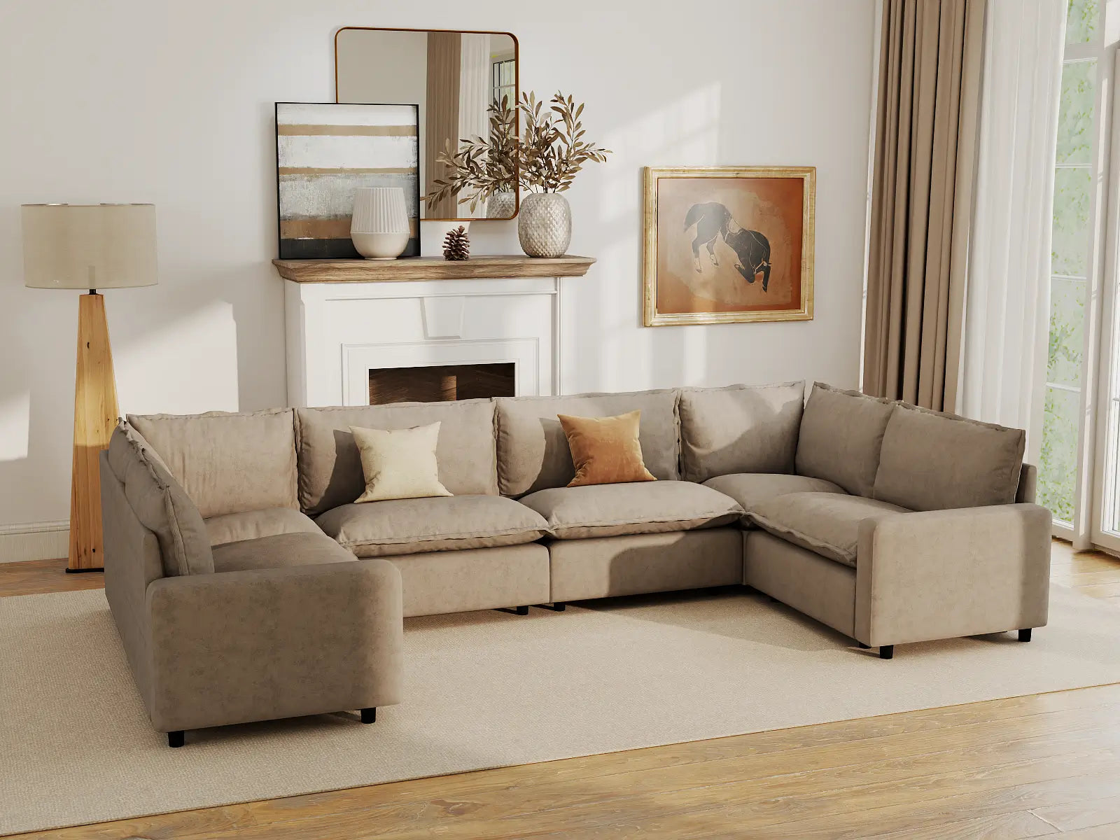 Modular Cero Washable Modular Sectional | 6-Piece Khaki Linen Large Space U-Shaped Sectionals 6-Seater