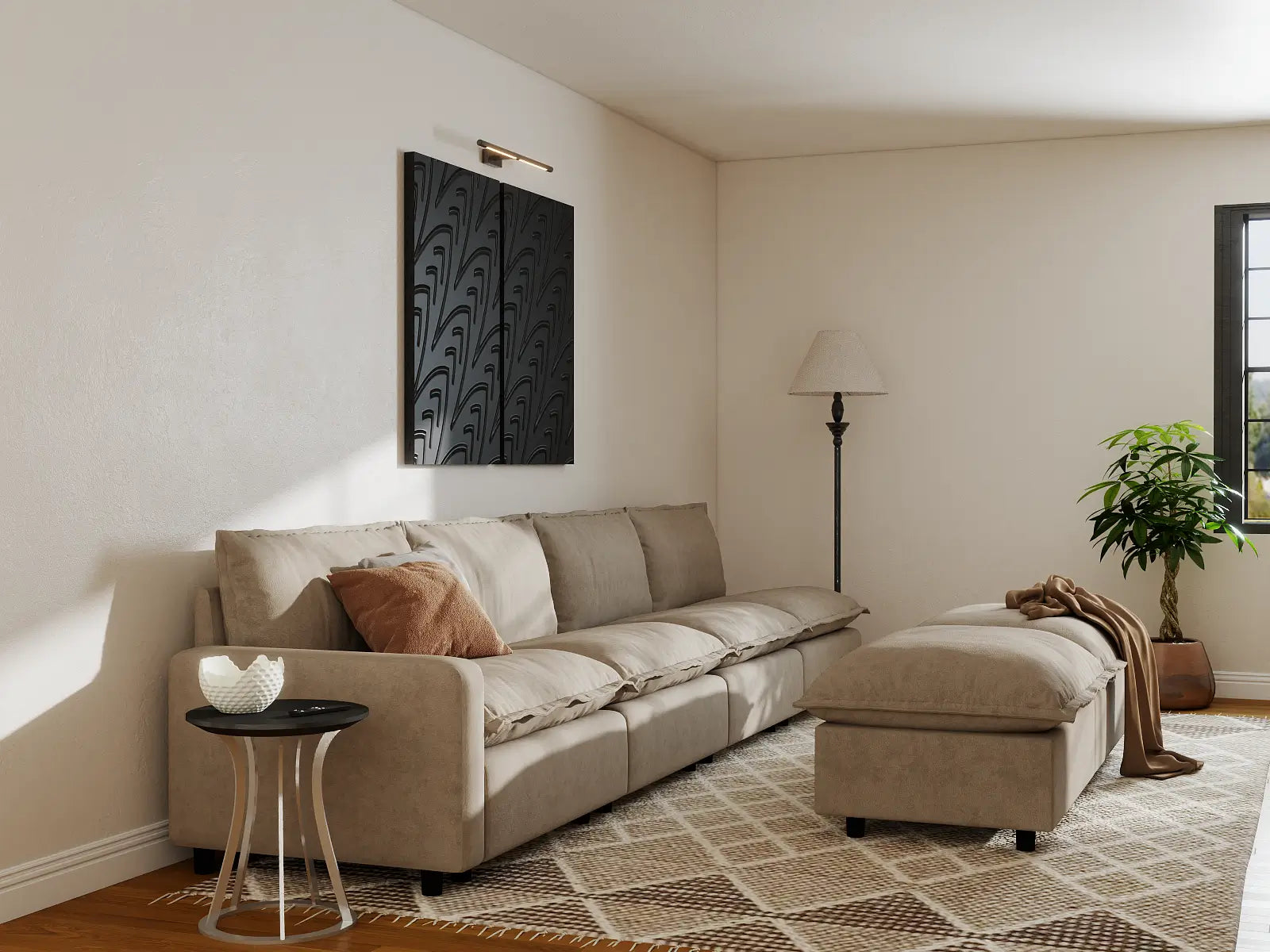 Modular Cero Modular Sectional with Chaise | 6-Piece Khaki Linen Open Plan Sofa Sets 4-Seater with 2-Ottomans