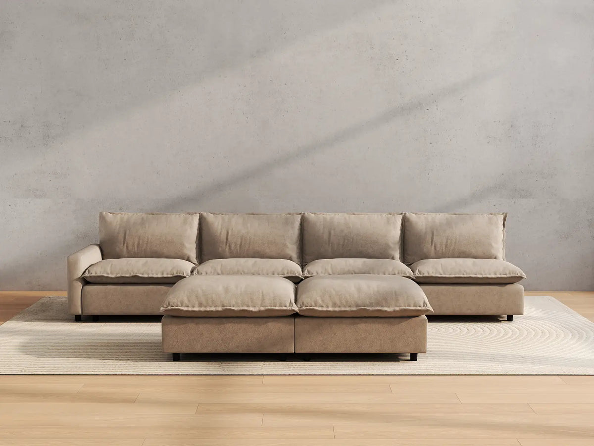 Modular Cero Modular Sectionals | 6-Piece Khaki Linen Open Plan Sofa Sets 4-Seater with 2-Ottomans