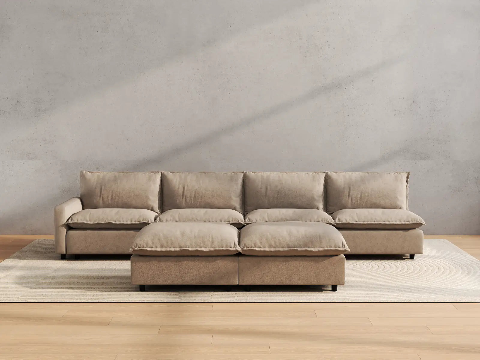 Modular Cero Modular Sectional with Chaise | 6-Piece Khaki Linen Open Plan Sofa Sets 4-Seater with 2-Ottomans