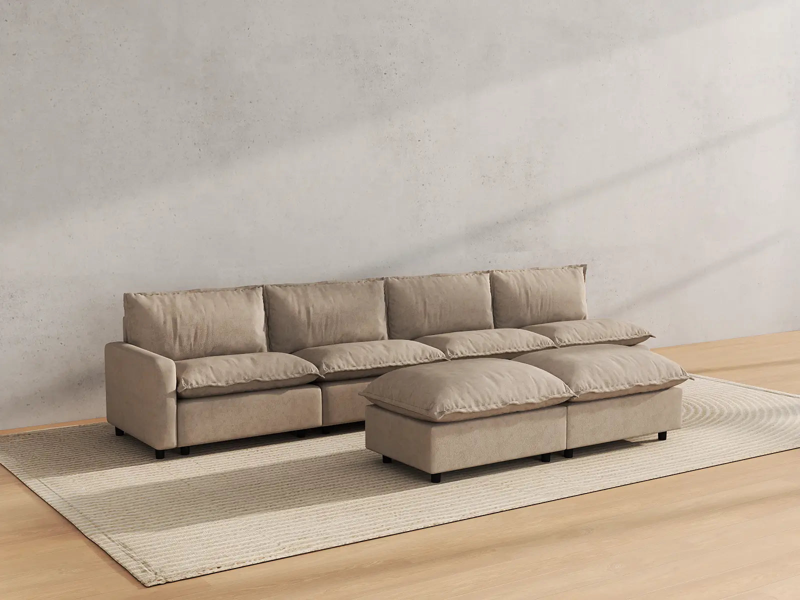 Modular Cero Modular Sectional with Chaise | 6-Piece Khaki Linen Open Plan Sofa Sets 4-Seater with 2-Ottomans