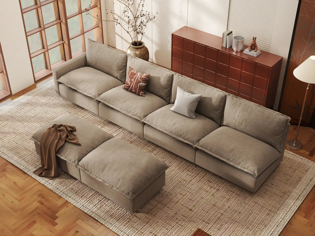 Modular Cero Modular Sectionals | 6-Piece Khaki Linen Open Plan Sofa Sets 4-Seater with 2-Ottomans